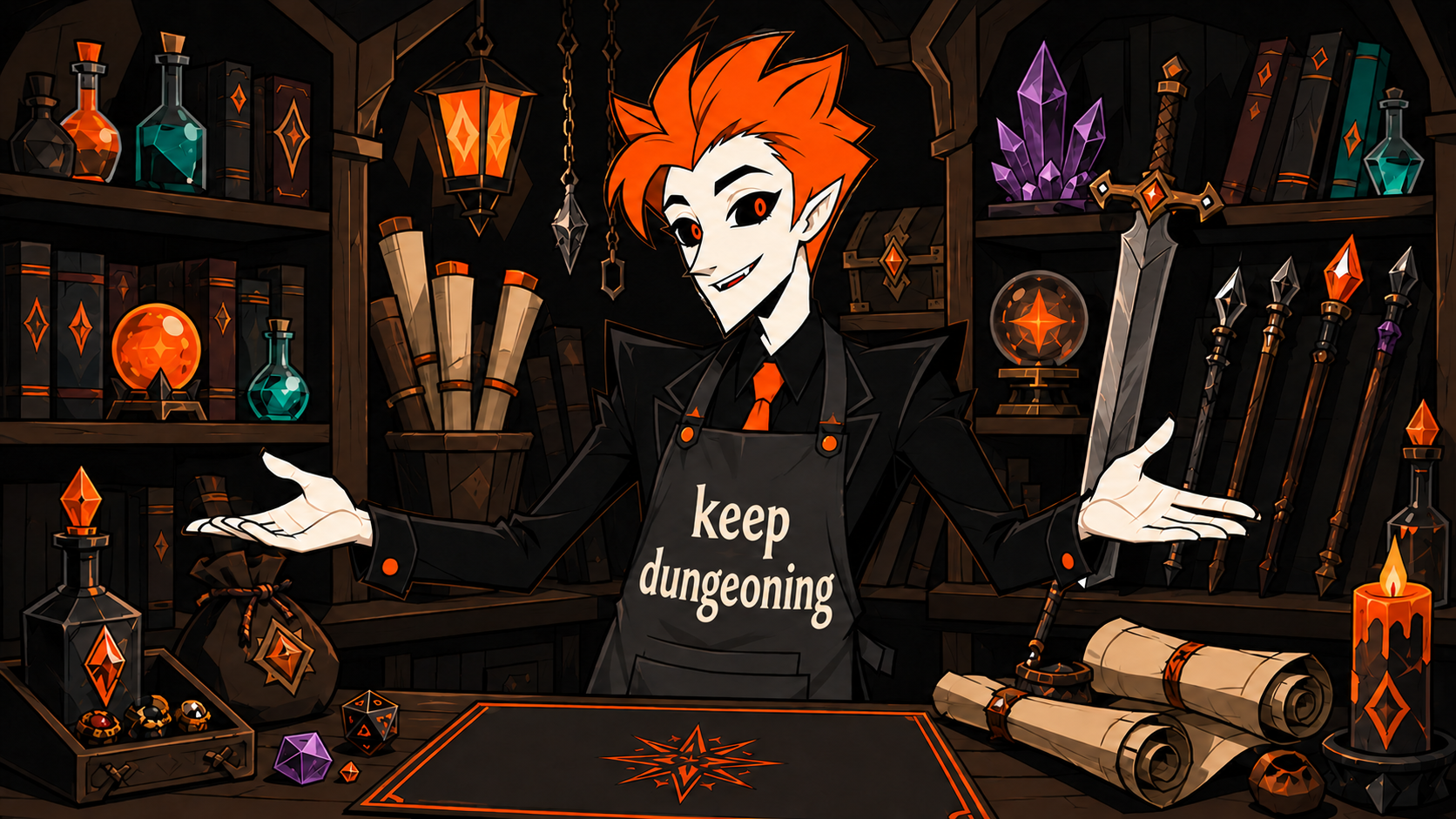 The shopkeeper welcomes adventurers to a magic-item shop